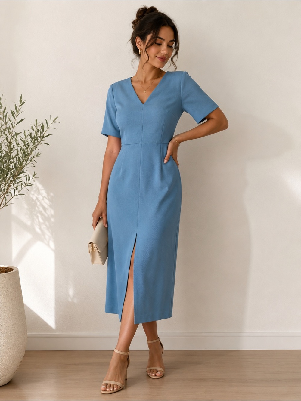 Ann Taylor Elegant V-Neck Midi Dress in Dusty Blue
